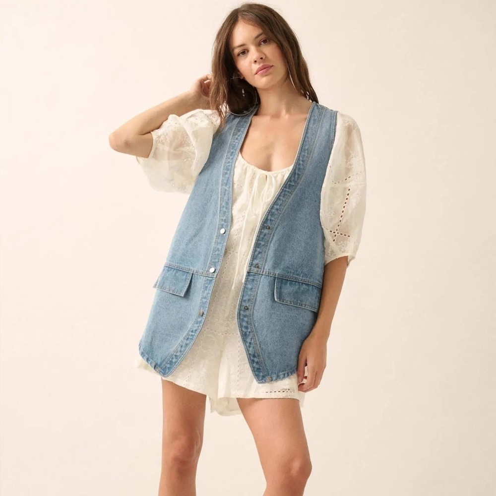 Promesa Days Go By Light Blue Washed Denim Over-Sized Button Front Vest